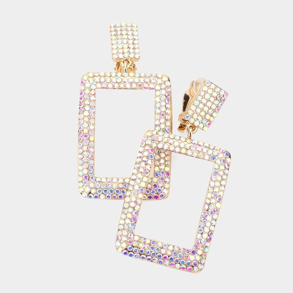 Rhinestone Crystal Gold Abalone ClipOn Hoop Rectangle Dangle Earrings